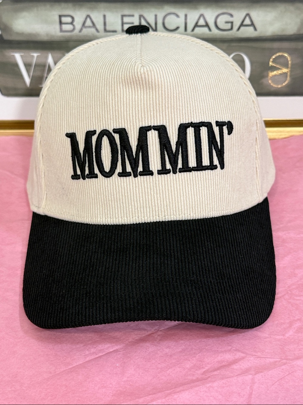 Zenana Two-Tone 'MOMMIN'' Cap in Cream & Black